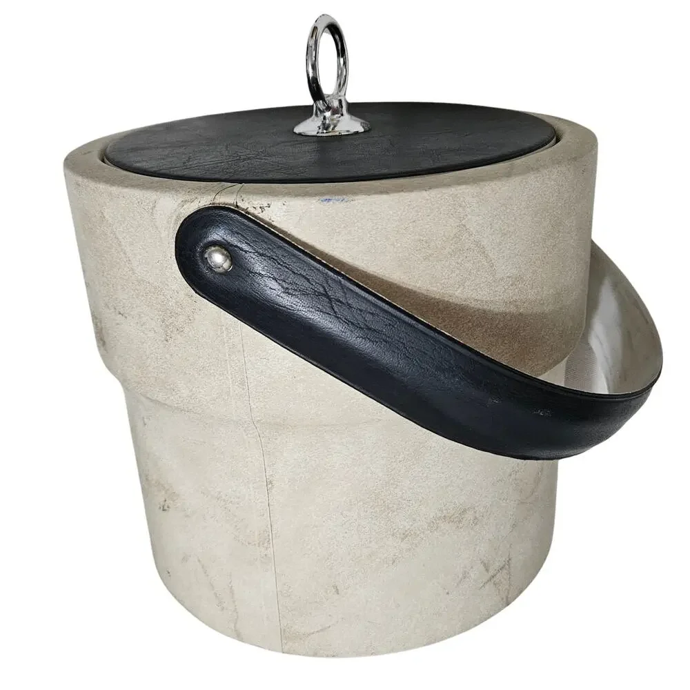 1960s Cream Retro Moldtronics Inc. Ice Bucket Faux Leather MCM Vintage Barware